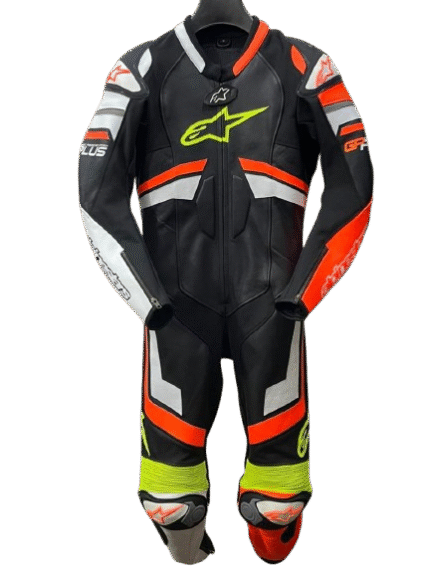 ALPINESTAR MOTORBIKE LEATHER RACING SUIT BLACK WHITE FLO ORANGE FLO YELLOW